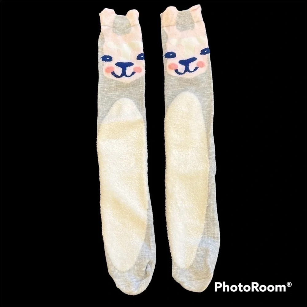GRAY pink and white bunny knee socks, medium thickness